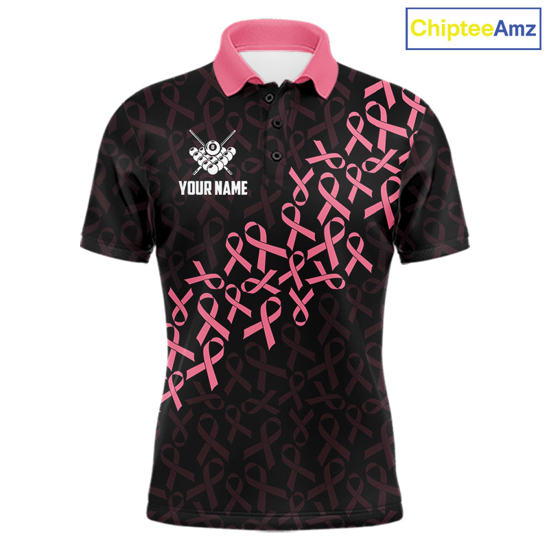 Pink Ribbons Breast Cancer Awareness Billiard Polo Shirt Featuring US Flag Inspired Artwork for Pool League Players, Team Competition, and Awareness Events
