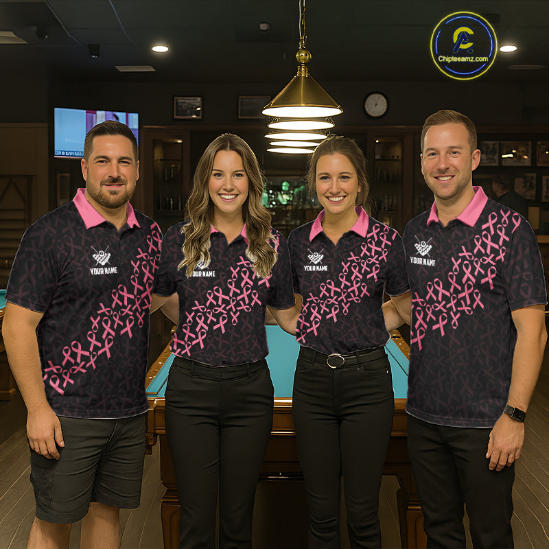 Pool Team Wearing Pink Ribbons US Flag 8 Ball Breast Cancer Awareness Billiard Jerseys During League Competition and Awareness Tournaments, Front View