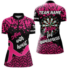 Load image into Gallery viewer, Aim With Heart Hope For Awareness Custom Dart Shirt For Women, Breast Cancer Pink Ribbon Darts Jersey TDM2358