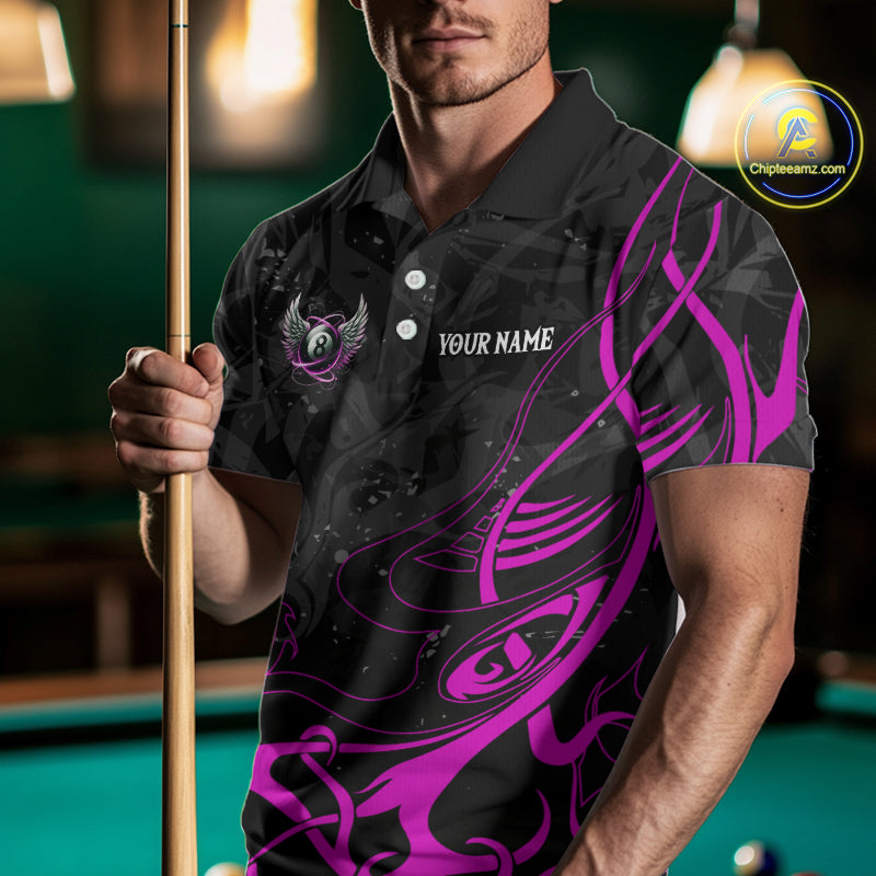 Personalized Black And Purple 8 Ball Wings Billiard Shirt For Men Custom Tribal Pool Team Jersey TDM4685