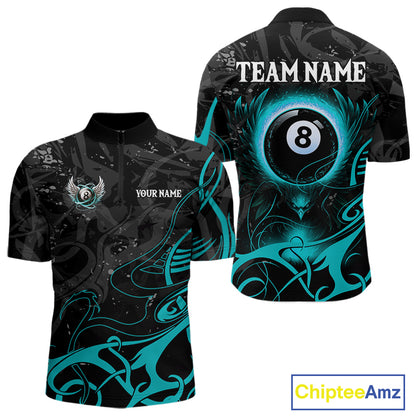 Personalized Black & Turquoise 8 Ball Wings Billiard Shirt For Men Custom Tribal Pool Team Jersey TDM4686