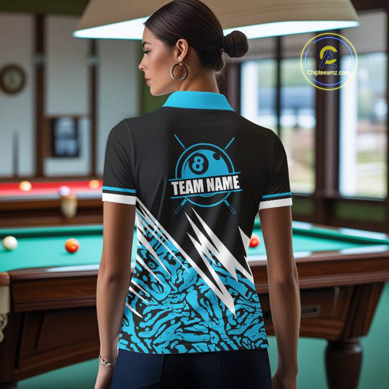 Personalized 8 Ball Billiard Jersey For Women Custom Black & Cyan Blue Pool Team Shirt Polo, 1/4 Zip TDM5107