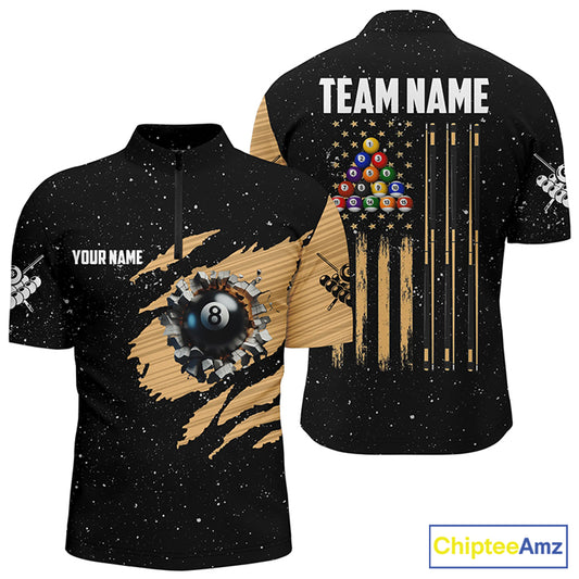 Custom Grunge US Flag 8 Ball Men Billiard Quarter-Zip Shirts, Patriotic Pool Player Shirts TDM0999