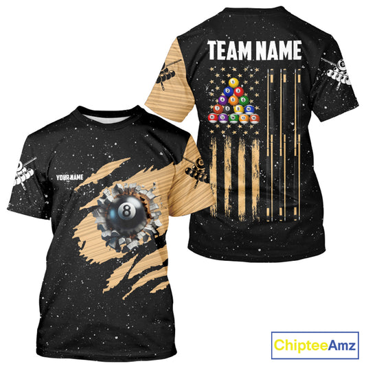Customized Grunge American Flag 8 Ball Pool Billiard T Shirts For Men, Patriotic Pool Player Shirt TDM0999