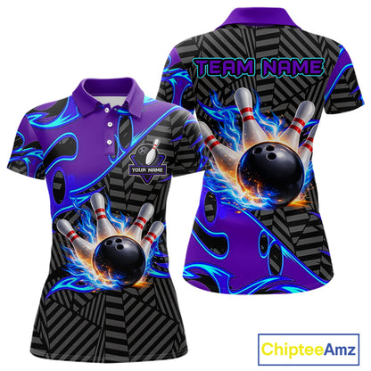 Custom Blue Purple Bowling Jersey For Women, Bowling Tournament Team Shirt Polo & Quarter Zip TDM5826