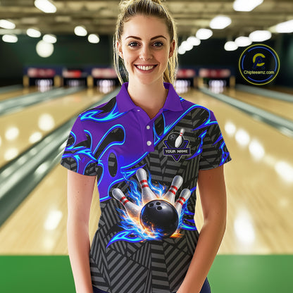 Custom Blue Purple Bowling Jersey For Women, Bowling Tournament Team Shirt Polo & Quarter Zip TDM5826