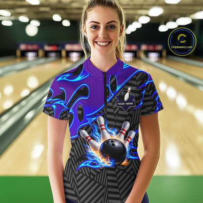 Custom Blue Purple Bowling Jersey For Women, Bowling Tournament Team Shirt Polo & Quarter Zip TDM5826