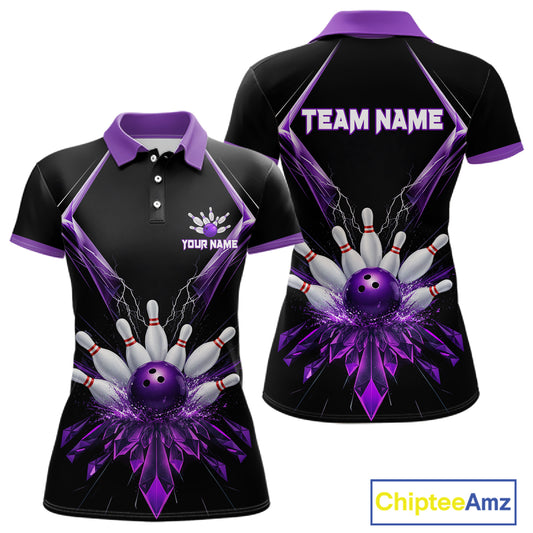 Custom Purple Bowling Jersey For Women, Crystal Lighting Bowling League Shirt Team Polo & 1/4 Zip TDM6428