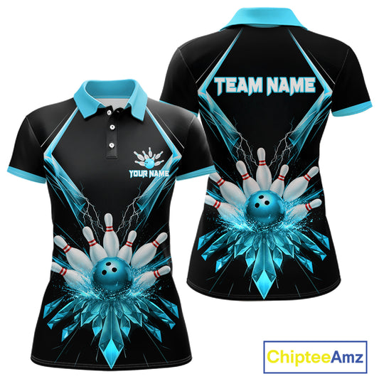 Custom Blue Bowling Jersey For Women, Crystal Lighting Bowling League Shirt Team Polo & 1/4 Zip TDM6429