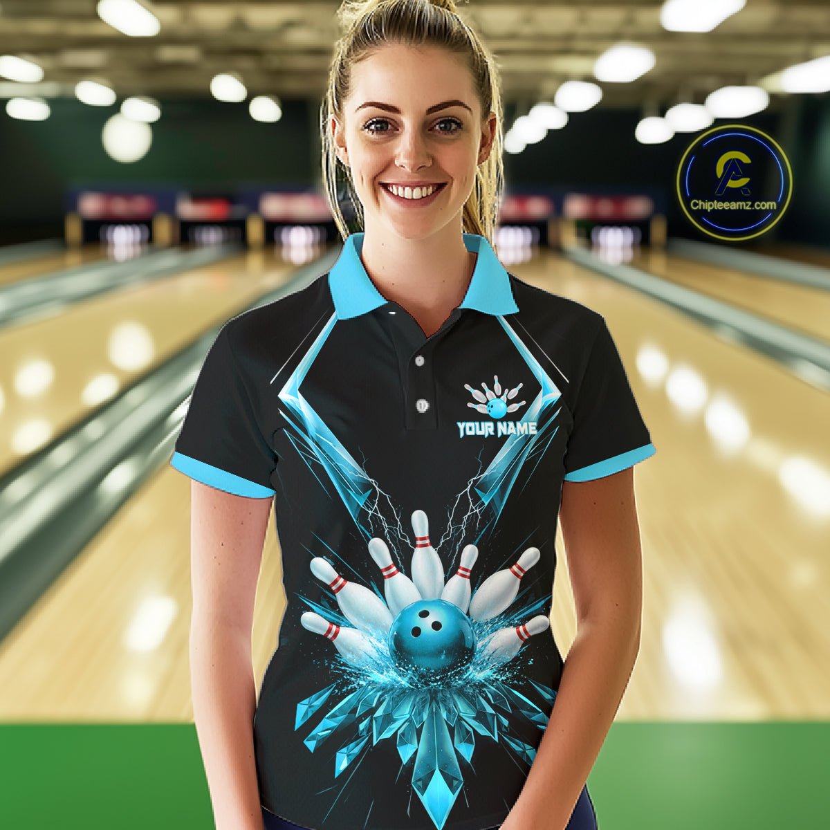 Custom Blue Bowling Jersey For Women, Crystal Lighting Bowling League Shirt Team Polo & 1/4 Zip TDM6429