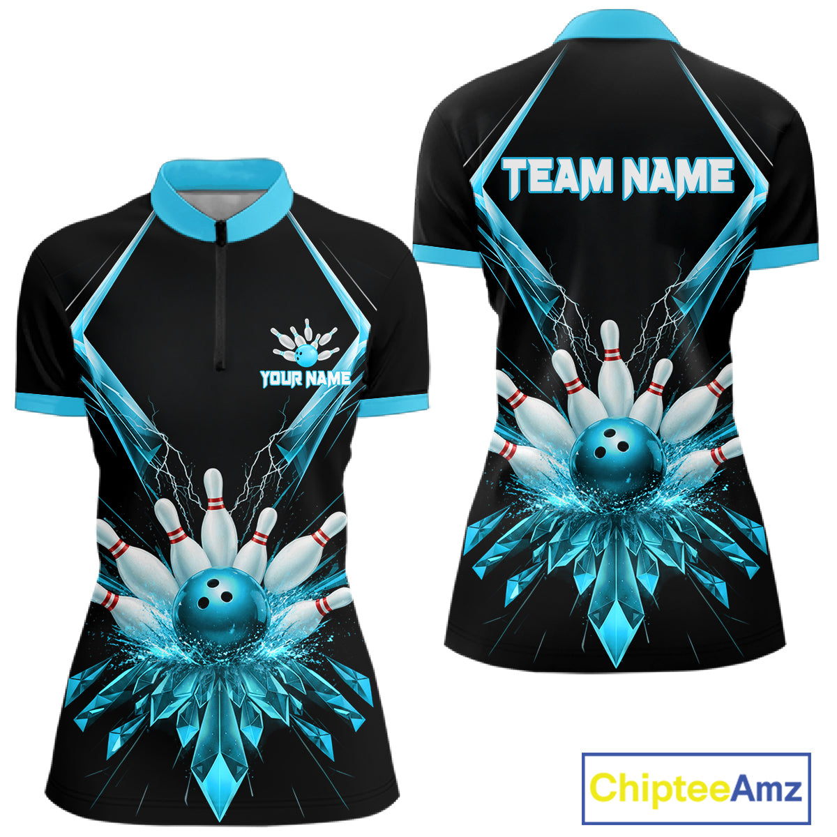 Custom Blue Bowling Jersey For Women, Crystal Lighting Bowling League Shirt Team Polo & 1/4 Zip TDM6429
