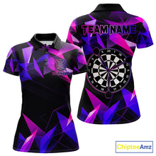 Load image into Gallery viewer, Pink and purple darts polo shirt with geometric design and dartboard, customizable name and team name