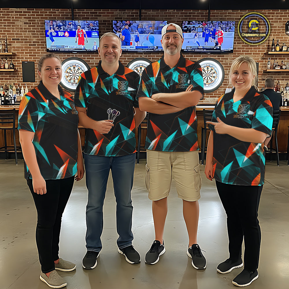 Custom Darts Shirts For Women, Orange And Turquoise Geometric Darts Team Jersey Polo & Quarter Zip TDM6629