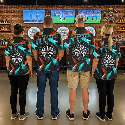 Custom Darts Shirts For Women, Orange And Turquoise Geometric Darts Team Jersey Polo & Quarter Zip TDM6629