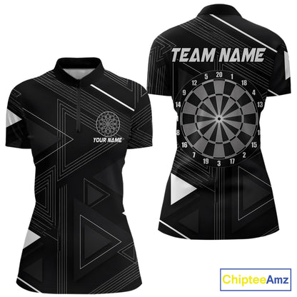 Black quarter zip shirt with dartboard design and customizable text on a geometric background