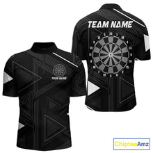 Load image into Gallery viewer, Black quarter zip shirt with dartboard design and customizable text on a geometric background