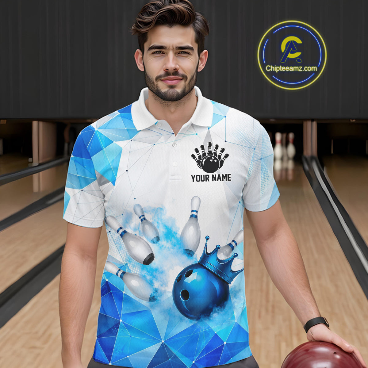 Man wearing a bowling shirt with a geometric design in a bowling alley, featuring customizable player name and team name.