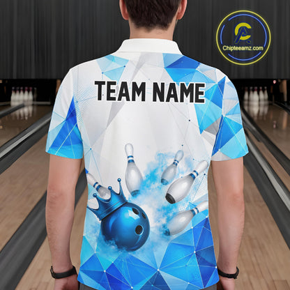 Custom White And Blue Geometric Smoke Bowling Shirts For Men, Bowling Team Jersey Polo & 1/4 Zip TDM6634