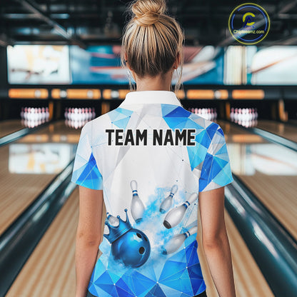 Custom White And Blue Geometric Smoke Bowling Shirts For Women, Bowling Team Jersey Polo & 1/4 Zip TDM6634