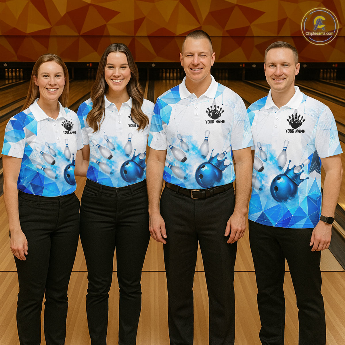Custom White And Blue Geometric Smoke Bowling Shirts For Men, Bowling Team Jersey Polo & 1/4 Zip TDM6634