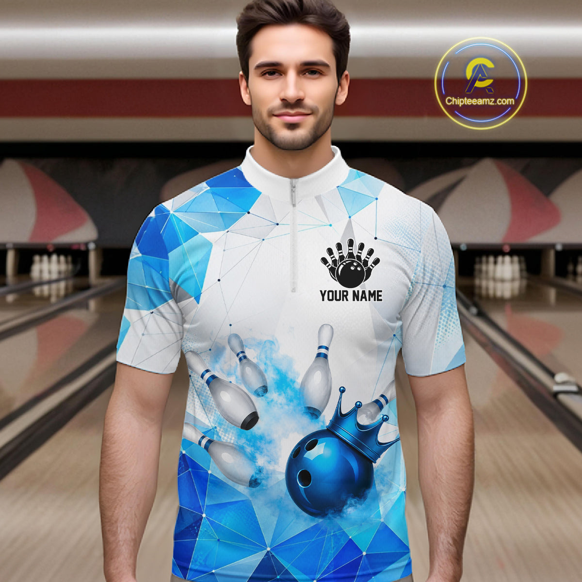Man wearing a bowling shirt with a geometric design in a bowling alley, featuring customizable player name and team name.