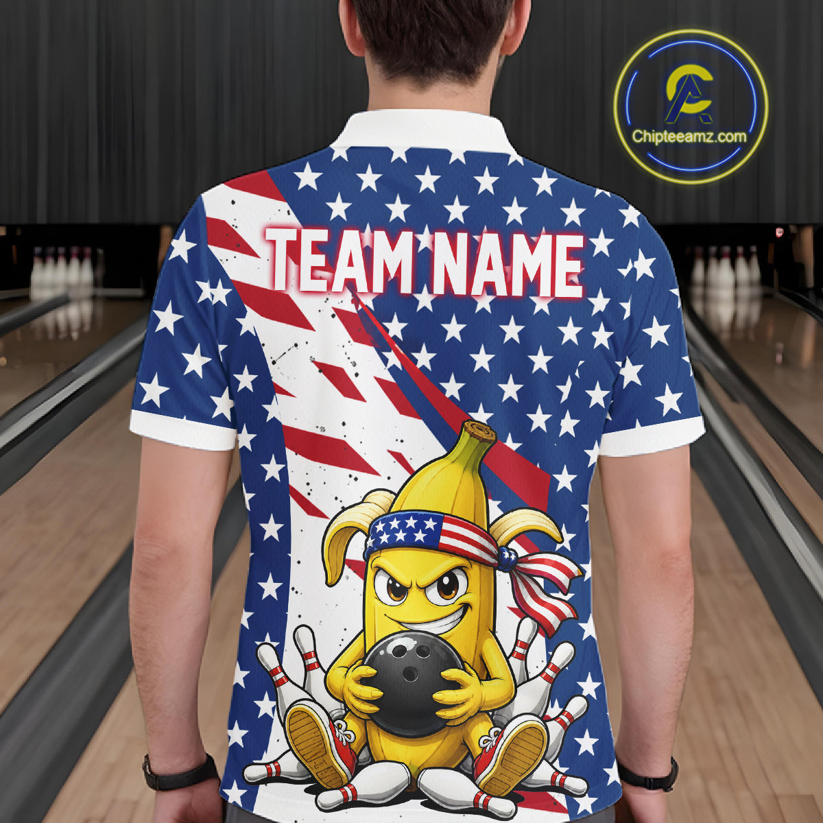 Funny Banana American Flag Bowling Jersey For Men, Custom Patriotic Bowling Shirts Polo & 1/4 Zip TDM6636