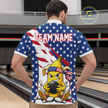 Funny Banana American Flag Bowling Jersey For Men, Custom Patriotic Bowling Shirts Polo & 1/4 Zip TDM6636