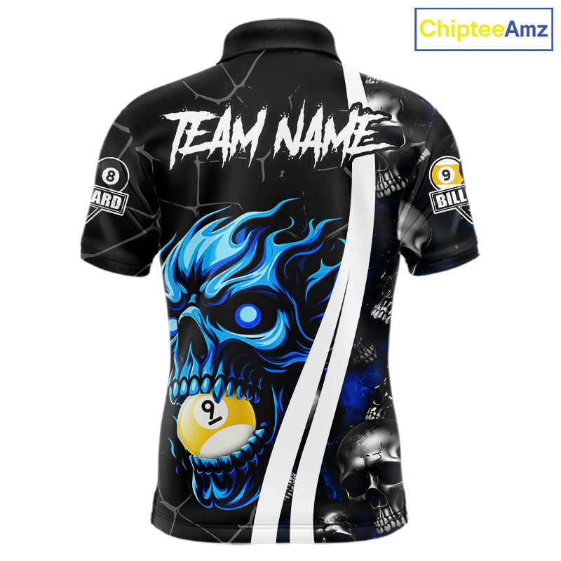 Blue skull 8 ball and 9 ball pool team polo shirt for men with skull billiard graphics.