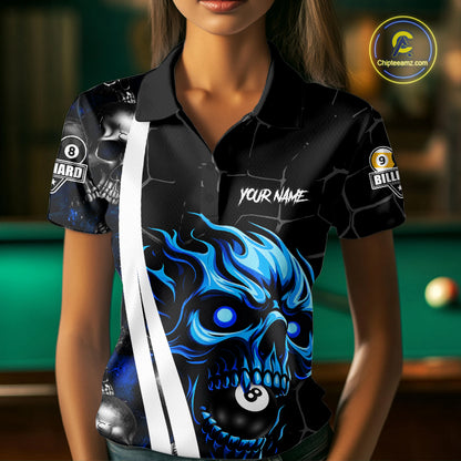 Woman wearing a blue skull 8 ball and 9 ball billiard jersey front view.