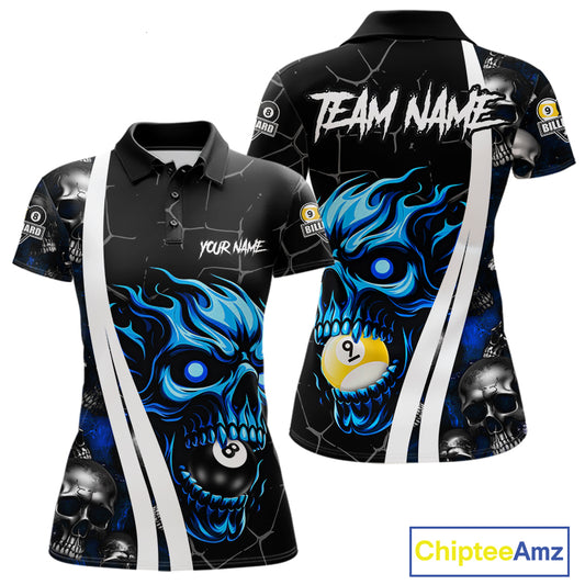Blue skull 8 ball and 9 ball custom billiard polo shirt for women, pool team jersey and tournament apparel.