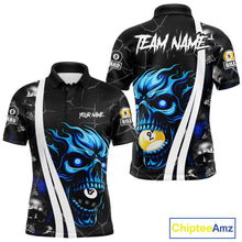 Load image into Gallery viewer, Blue skull 8 ball and 9 ball custom billiard polo shirt for men, pool team jersey and tournament apparel.