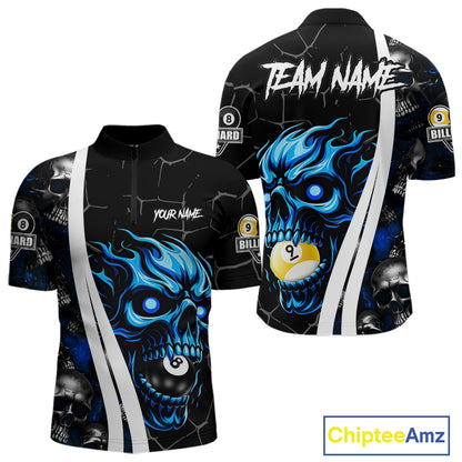 Blue skull 8 ball and 9 ball quarter zip billiard shirt for men, custom pool team jersey.