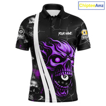 Load image into Gallery viewer, Purple skull 8 ball and 9 ball custom billiard polo shirt for men, pool team jersey and tournament apparel.