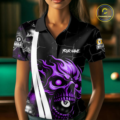 Woman wearing a purple skull 8 ball and 9 ball billiard jersey front view.