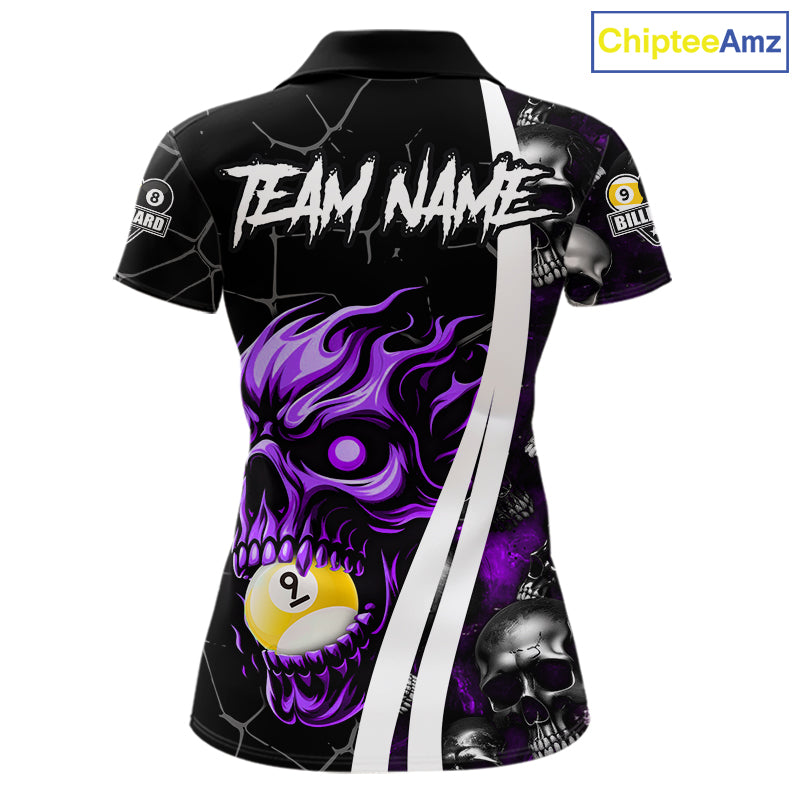 Purple skull 8 ball and 9 ball pool team polo shirt for women with skull billiard graphics.