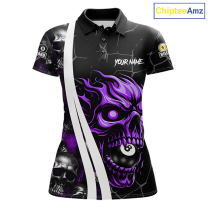 Purple skull 8 ball and 9 ball custom billiard polo shirt for women, pool team jersey and tournament apparel.