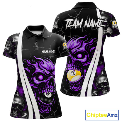 Purple skull 8 ball and 9 ball custom billiard polo shirt for women, pool team jersey and tournament apparel.