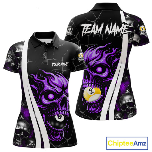 Purple skull 8 ball and 9 ball custom billiard polo shirt for women, pool team jersey and tournament apparel.