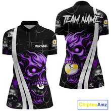 Load image into Gallery viewer, Purple skull 8 ball and 9 ball quarter zip billiard shirt for women, custom pool team jersey.