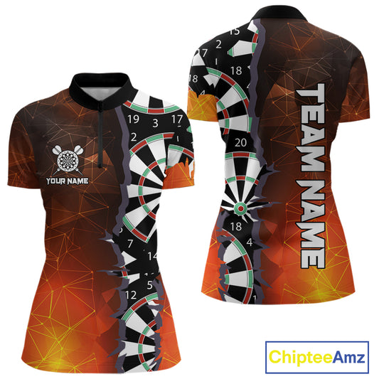 Personalized Fiery Orange Dartboard Crack Darts Shirt For Women, Funny Darts Jersey Polo & 1/4 Zip TDM4449