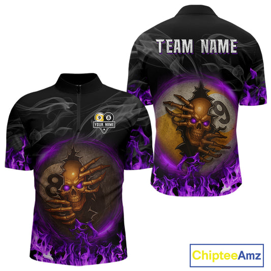 Funny Skull Billiard 8 Ball & 9 Ball Pool Shirt For Men Custom Purple Flame Billiard Team Jerseys TDM4452
