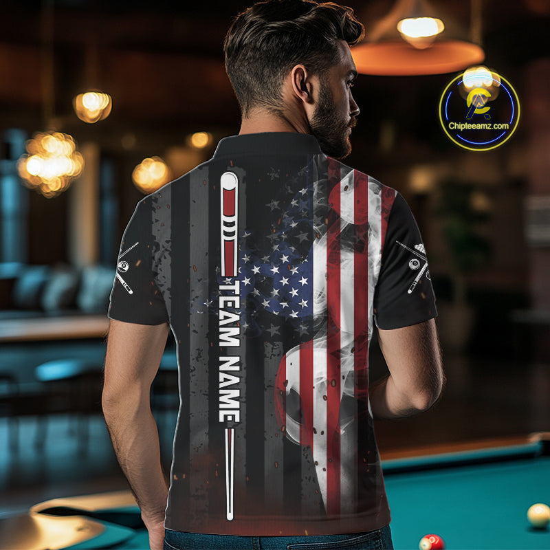 Man Wearing Personalized Smoke US Flag Custom Pool Team Jersey Featuring the Complete Rear Graphic Design, Back View