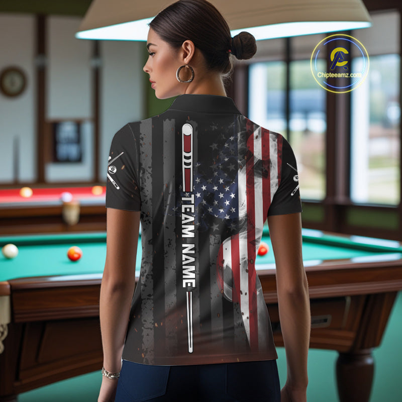 Woman Wearing Personalized Smoke US Flag Custom Pool Team Jersey Featuring the Complete Rear Graphic Design, Back View