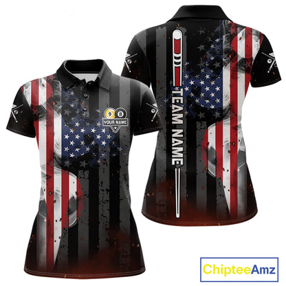 Personalized Smoke US Flag 8 Ball 9 Ball Billiard Polo Shirt for Women Featuring Patriotic American Flag Artwork for Pool League Players, Team Competition, and Tournament Events