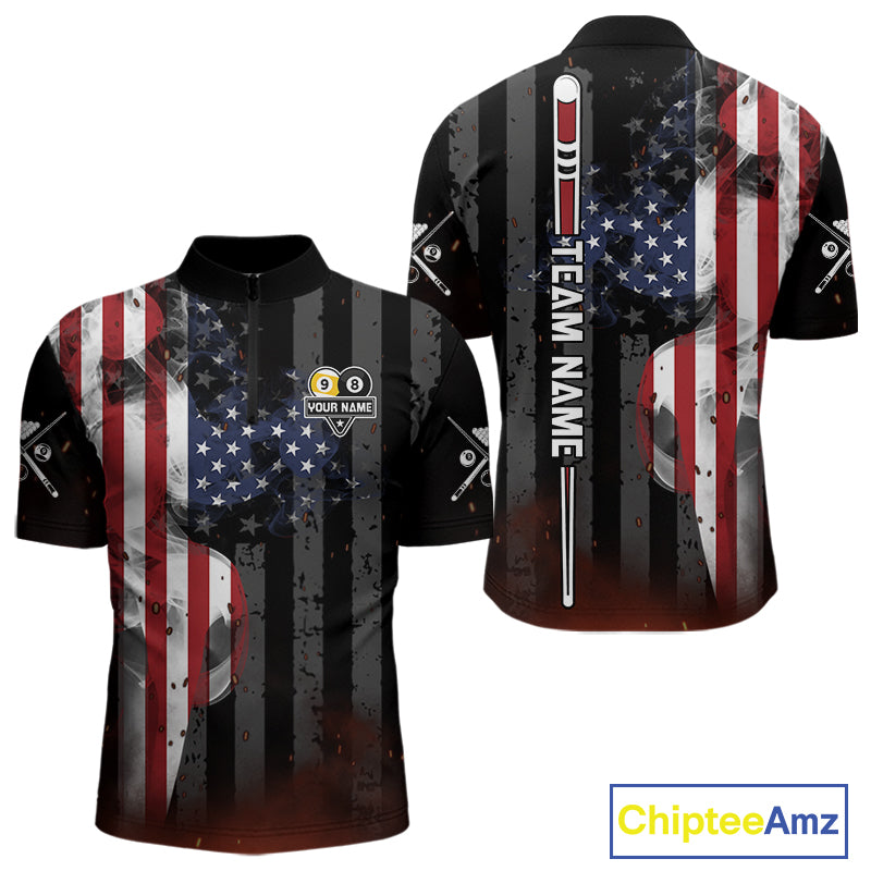 Personalized Smoke US Flag 8 Ball 9 Ball Quarter Zip Billiard Shirt for Men Created for Competitive Pool League Teams with Performance Fabric and Tournament Ready Comfort