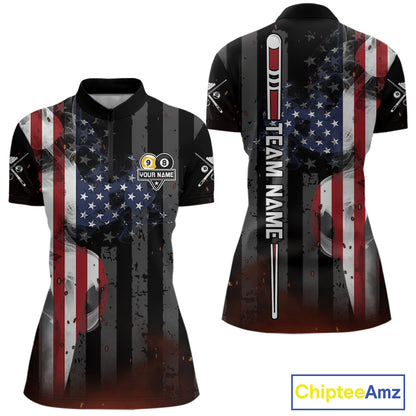 Personalized Smoke US Flag 8 Ball 9 Ball Quarter Zip Billiard Shirt for Women Created for Competitive Pool League Teams with Performance Fabric and Tournament Ready Comfort