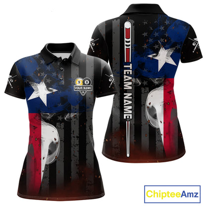Personalized Vintage Smoke Texas Flag 8 Ball 9 Ball Billiard Polo Shirt for Women Featuring Patriotic Texas Flag Artwork for Pool League Players, Team Competition, and Tournament Events
