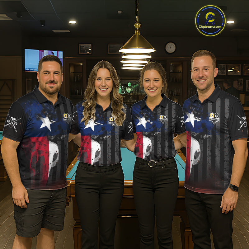 Pool Team Wearing Personalized Vintage Smoke Texas Flag Billiard Jerseys During League Competition and Tournament Matches, Front View
