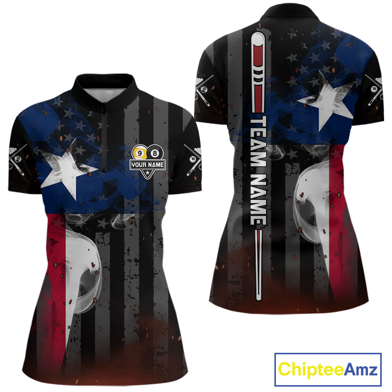 Personalized Vintage Smoke Texas Flag 8 Ball 9 Ball Quarter Zip Billiard Shirt for Women Created for Competitive Pool League Teams with Performance Fabric and Tournament Ready Design