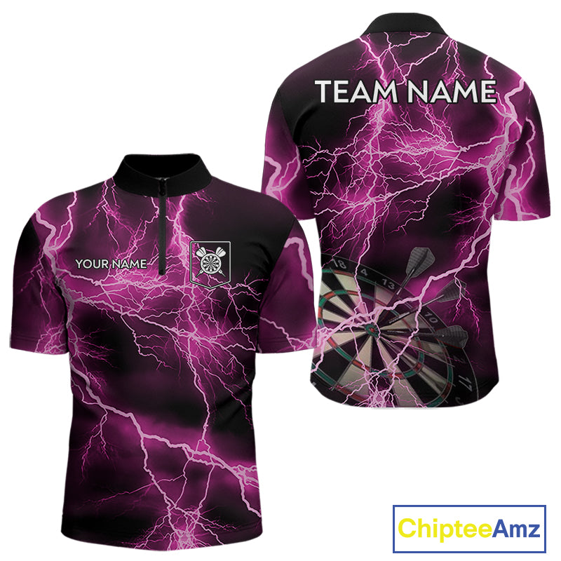 Thunder Lightning Pink Darts Shirt With Pocket For Men Custom Dart Jerseys TDM4696